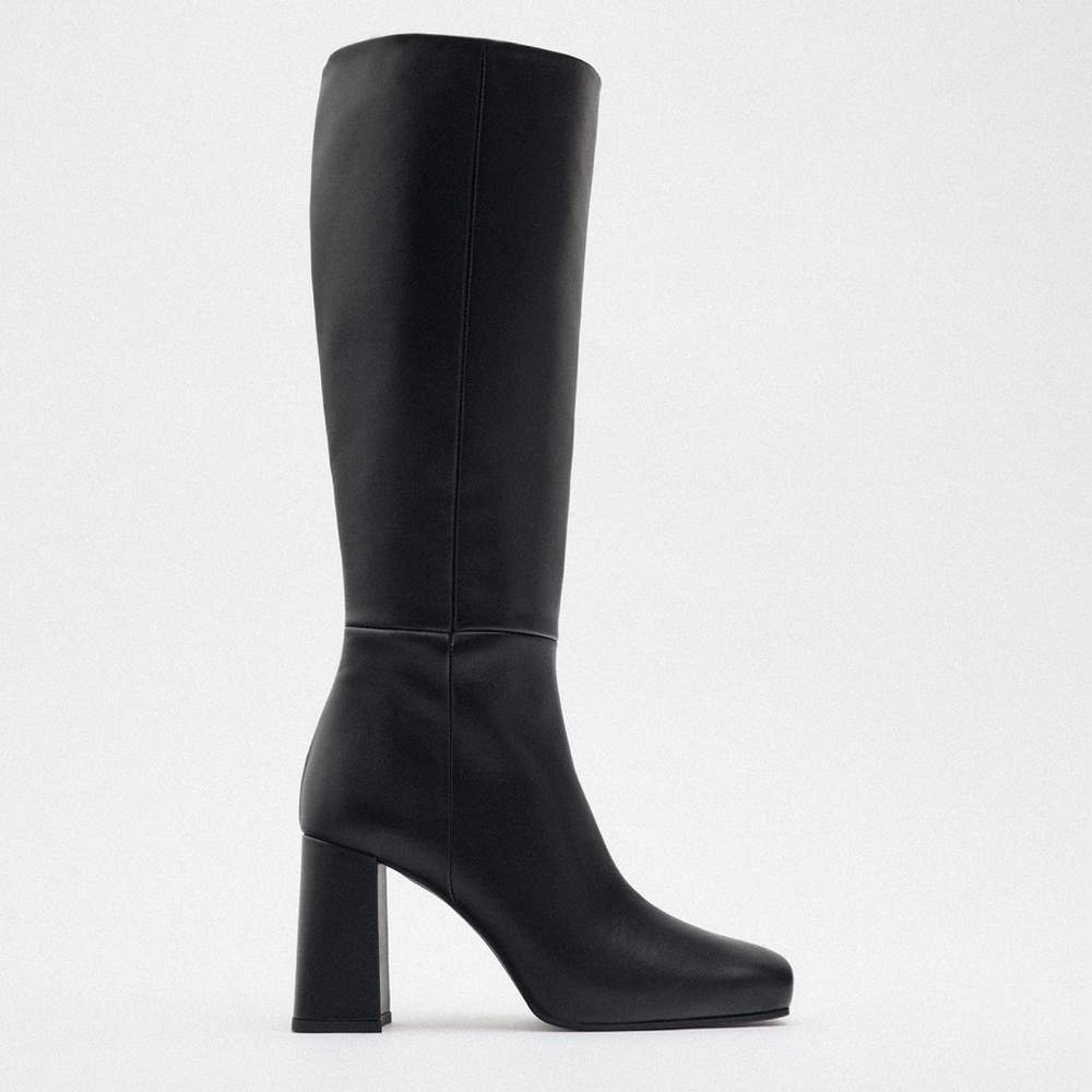 ZARA Leather Heeled Knee High Boots Square Toe